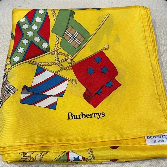 Burberry Rare Nova Check Flag Yellow 100% Silk Scarf - Picture 3 of 6